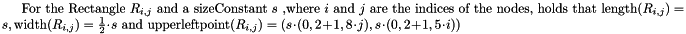 $\textrm{For the Rectangle }R_{i,j}\textrm{ and a sizeConstant }s\textrm{ ,where }i\textrm{ and }j\textrm{ are the indices of the nodes, holds that length}(R_{i,j})=s, \textrm{width}(R_{i,j})=\frac{1}{2}\cdot s \textrm{ and upperleftpoint}(R_{i,j})= (s\cdot(0,2 + 1,8\cdot j),s\cdot(0,2 + 1,5\cdot i))$